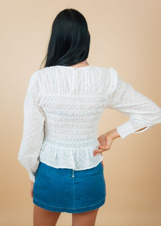 White Eyelet Smocked Long Sleeve Blouse | Select Trends Boutique