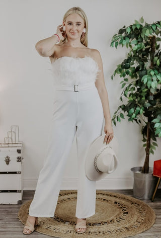 White Feather Trim Jumpsuit | Select Trends Boutique