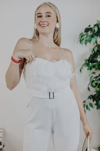 White Feather Trim Jumpsuit | Select Trends Boutique