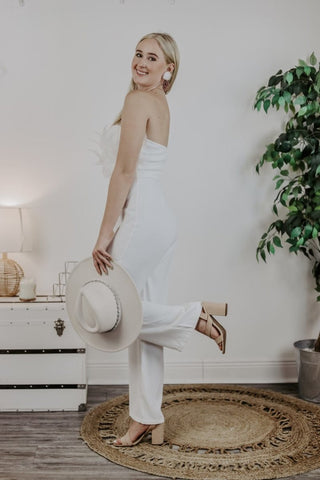 White Feather Trim Jumpsuit | Select Trends Boutique