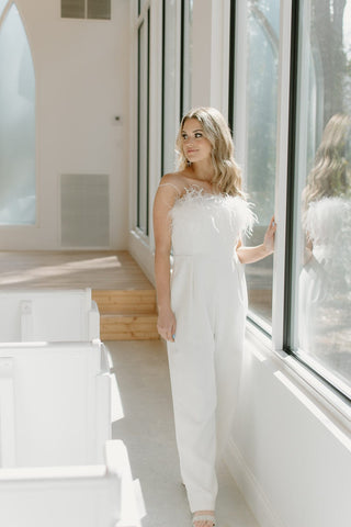 White Feather Trim Jumpsuit