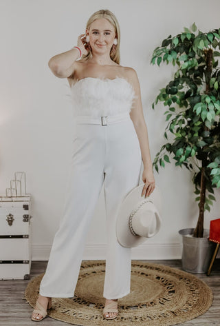 White Feather Trim Jumpsuit