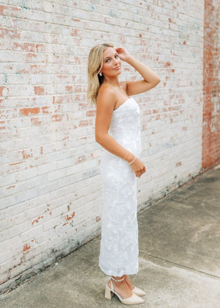 White Floral Detail Strapless Midi Dress | Select Trends Boutique