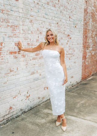 White Floral Detail Strapless Midi Dress | Select Trends Boutique