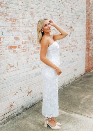 White Floral Detail Strapless Midi Dress - Select Trends Boutique