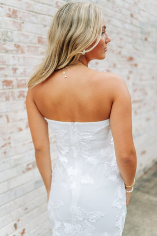 White Floral Detail Strapless Midi Dress | Select Trends Boutique