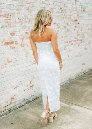White Floral Detail Strapless Midi Dress | Select Trends Boutique