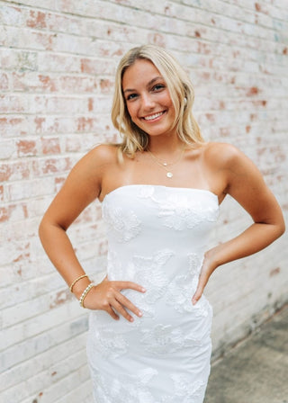 White Floral Detail Strapless Midi Dress | Select Trends Boutique