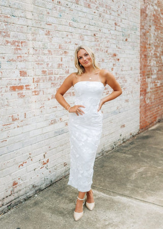 White Floral Detail Strapless Midi Dress | Select Trends Boutique