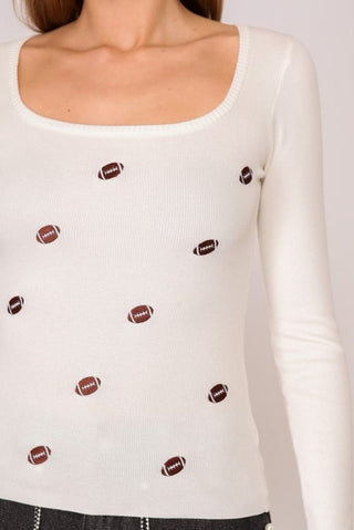 White Football Embroidered Longsleeve Top | Select Trends Boutique