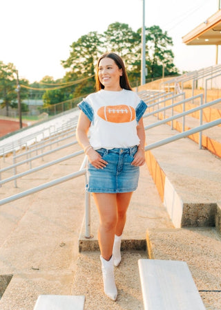White Football Patch Denim Edge Top | Select Trends Boutique