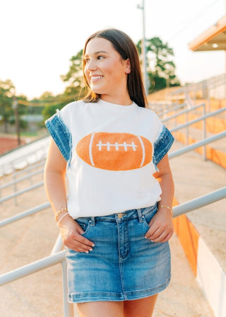 White Football Patch Denim Edge Top | Select Trends Boutique