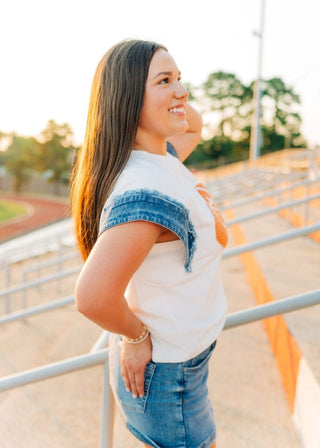 White Football Patch Denim Edge Top | Select Trends Boutique