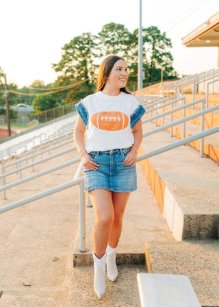 White Football Patch Denim Edge Top | Select Trends Boutique