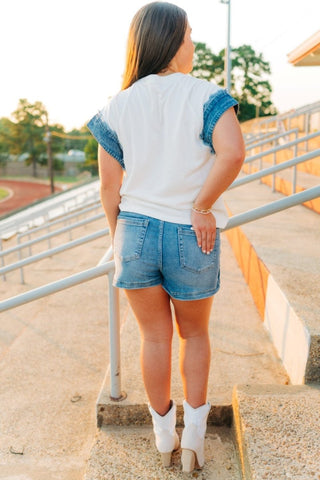 White Football Patch Denim Edge Top | Select Trends Boutique