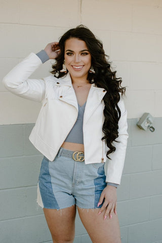 White Fringe Vegan Leather Jacket from Select Trends Boutique