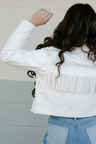 White Fringe Vegan Leather Jacket from Select Trends Boutique