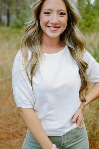 White Knit Short Sleeve Detailed Tee - Select Trends Boutique