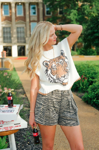 White Knit Tiger Face Top | Select Trends Boutique