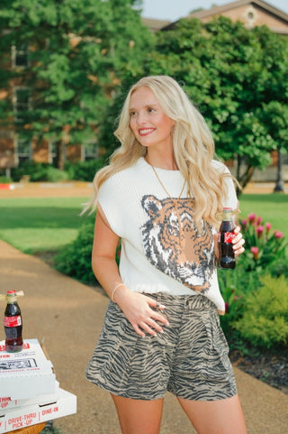 White Knit Tiger Face Top | Select Trends Boutique