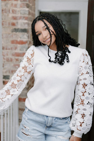 White Lace Sleeve Knit Top | Select Trends Boutique
