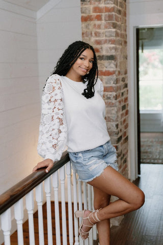 White Lace Sleeve Knit Top | Select Trends Boutique
