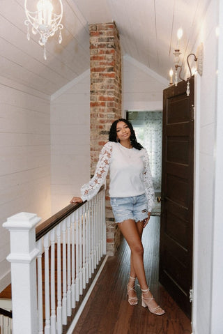 White Lace Sleeve Knit Top | Select Trends Boutique