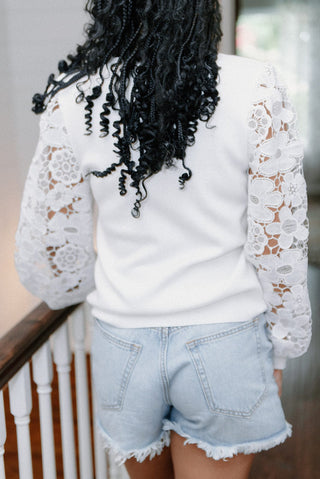 White Lace Sleeve Knit Top