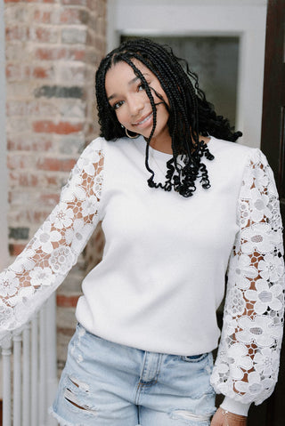 White Lace Sleeve Knit Top