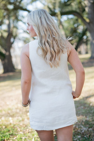 linen scallop dress Linen Scallop V Neck Mini Dress