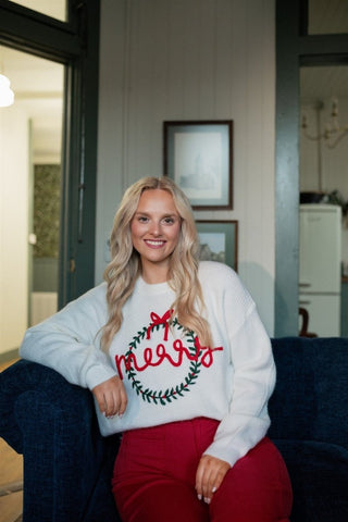 White Merry Wreath Embroidered Sweater | Select Trends Boutique