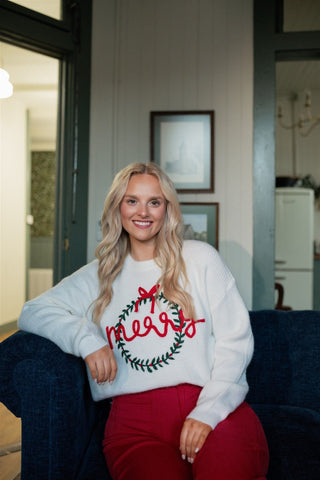 White Merry Wreath Embroidered Sweater