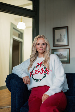 White Merry Wreath Embroidered Sweater
