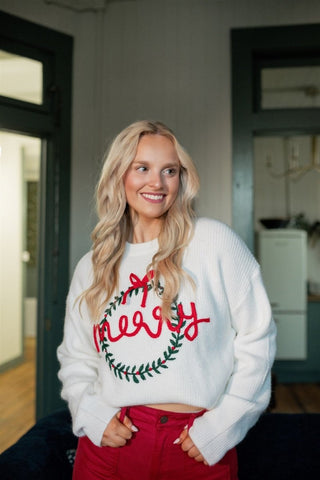 White Merry Wreath Embroidered Sweater | Select Trends Boutique