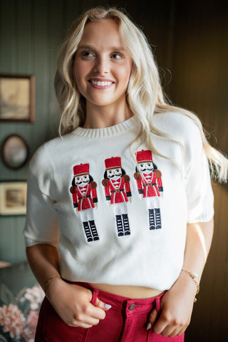 White Nutcracker Embroidered Knit Top