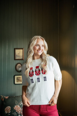White Nutcracker Embroidered Knit Top