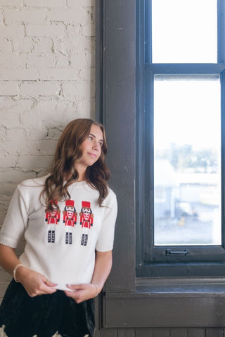 White Nutcracker Knit Short Sleeve Top | Select Trends Boutique