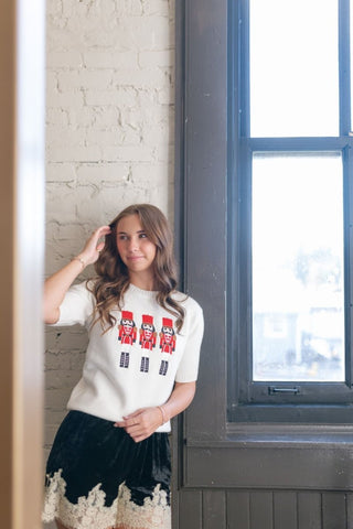 White Nutcracker Knit Short Sleeve Top | Select Trends Boutique