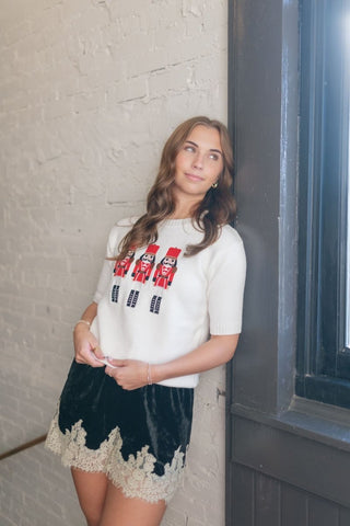 White Nutcracker Knit Short Sleeve Top | Select Trends Boutique