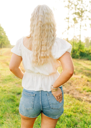 White Peplum Puff Sleeve Blouse