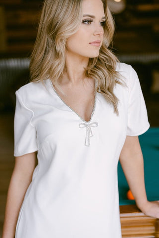 White Rhinestone Bow Mini Dress | Select Trends Boutique