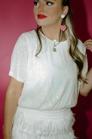 White Sequin Cap Sleeve Top | Select Trends Boutique