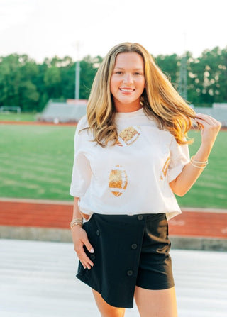 White Sequin Multi Football Patch Tee | Select Trends Boutique