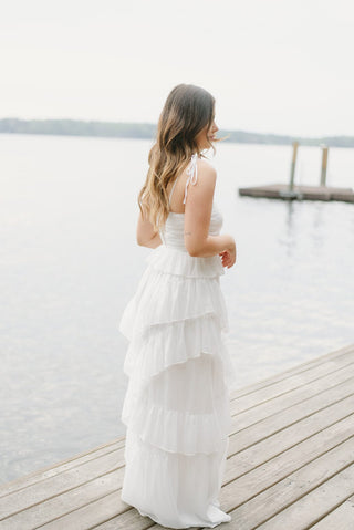 White Shimmer Ruffled Maxi Dress