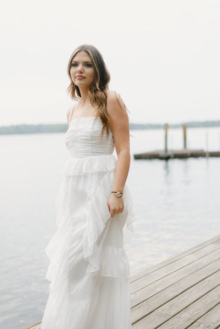 White Shimmer Ruffled Maxi Dress