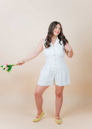 White Stitch Button Up Romper | Select Trends Boutique