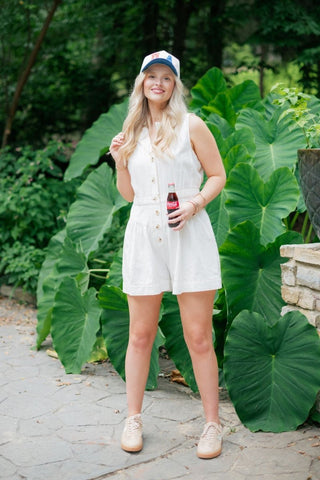 White Stitch Button Up Romper | Select Trends Boutique