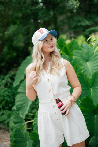 White Stitch Button Up Romper | Select Trends Boutique
