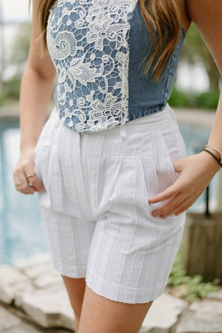 White Striped Linen High Rise Shorts - Select Trends Boutique