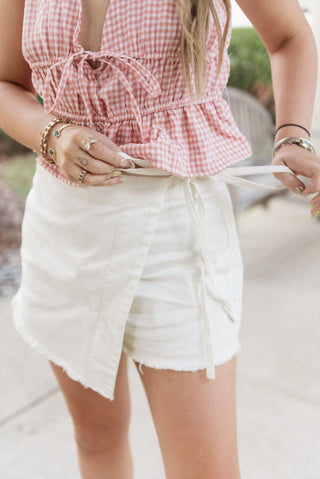 White Tie Detail Raw Hem Mini Skort | Select Trends Boutique